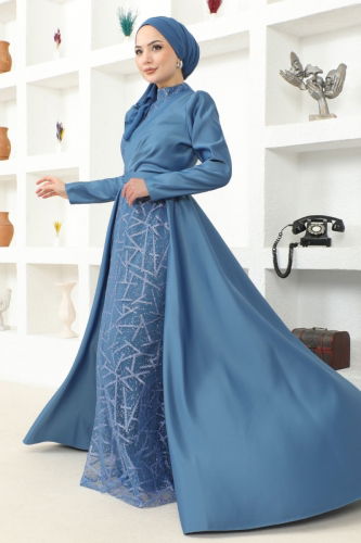 moda selvim Drape Detailed Hijab Evening Dress MSL6429 Indigo - Thumbnail