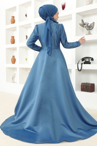 moda selvim Drape Detailed Hijab Evening Dress MSL6429 Indigo - Thumbnail