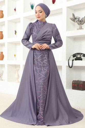 moda selvim Drape Detailed Hijab Evening Dress MSL6429 Lilac - Thumbnail