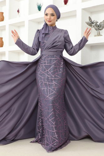 moda selvim Drape Detailed Hijab Evening Dress MSL6429 Lilac - Thumbnail