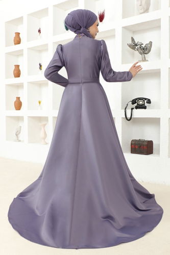 moda selvim Drape Detailed Hijab Evening Dress MSL6429 Lilac - Thumbnail