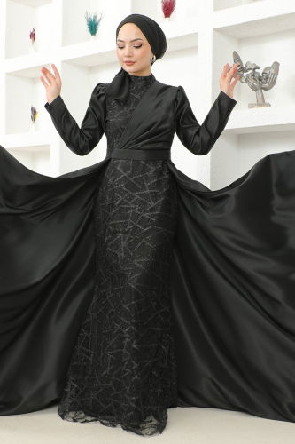 moda selvim Drape Detailed Hijab Evening Dresses MSL6429 Black - Thumbnail