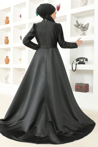 moda selvim Drape Detailed Hijab Evening Dresses MSL6429 Black - Thumbnail