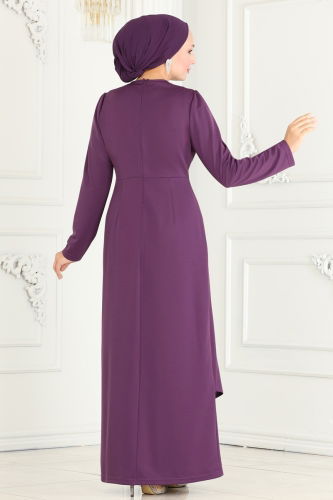 moda selvim Drape Detailed Pencil Evening Dress 2520SL432 Dark Lilac - Thumbnail