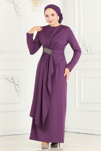 moda selvim Drape Detailed Pencil Evening Dress 2520SL432 Dark Lilac - Thumbnail