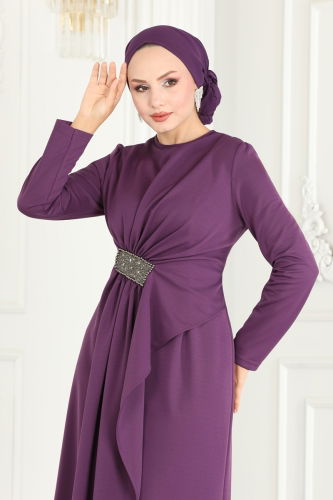 moda selvim Drape Detailed Pencil Evening Dress 2520SL432 Dark Lilac - Thumbnail