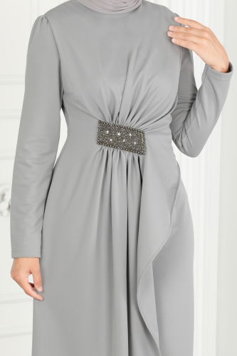 moda selvim Drape Detailed Pencil Evening Dress 2520SL432 Gray - Thumbnail