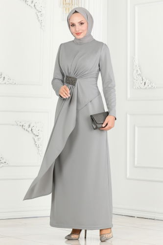 moda selvim Drape Detailed Pencil Evening Dress 2520SL432 Gray - Thumbnail