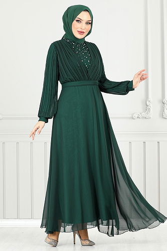 moda selvim Drape Detay Taşlı Abiye 0404ALG1079-M Zümrüt - Thumbnail