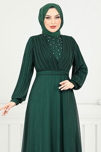moda selvim Drape Detay Taşlı Abiye 0404ALG1079-M Zümrüt - Thumbnail