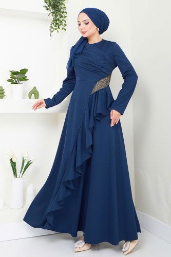 S.L. - Drape Detaylı Abiye Elbise 2519SL432 İndigo