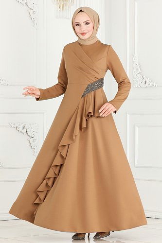 moda selvim Drape Detaylı Abiye Elbise 2519SL432 Latte - Thumbnail