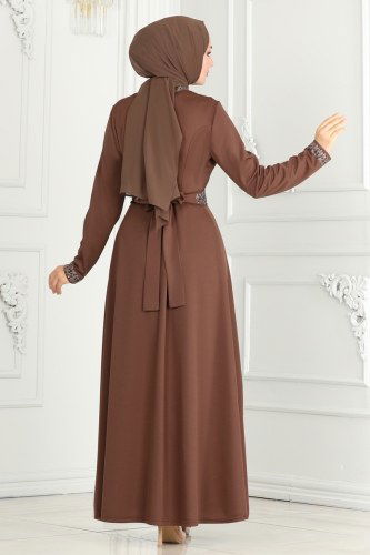 moda selvim Drape Detaylı Abiye Elbise 264DVL817 Kahve - Thumbnail
