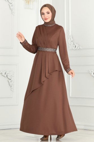 moda selvim Drape Detaylı Abiye Elbise 264DVL817 Kahve - Thumbnail