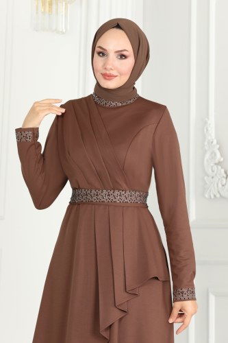 moda selvim Drape Detaylı Abiye Elbise 264DVL817 Kahve - Thumbnail
