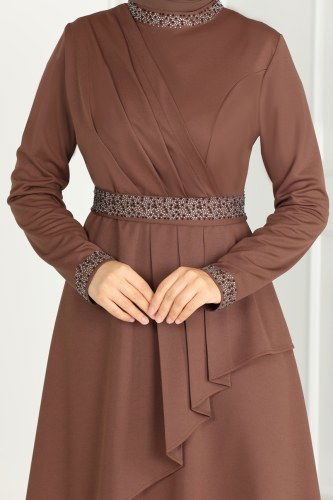 moda selvim Drape Detaylı Abiye Elbise 264DVL817 Kahve - Thumbnail
