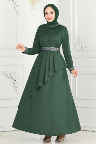 moda selvim Drape Detaylı Abiye Elbise 264DVL817 Zümrüt - Thumbnail