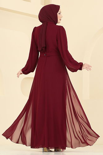 moda selvim Drape Detaylı Boncuklu Abiye 5725EDF311 Bordo - Thumbnail