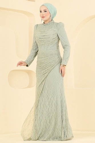 moda selvim Drape Detaylı Dantel Abiye 5704DMNK1166 Su Yeşili - Thumbnail
