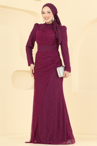 D.M.N.K. - Drape Detaylı Dantel Abiye 5704DMNK1166 Vişne