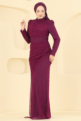 moda selvim Drape Detaylı Dantel Abiye 5704DMNK1166 Vişne - Thumbnail