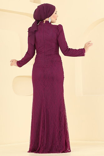 moda selvim Drape Detaylı Dantel Abiye 5704DMNK1166 Vişne - Thumbnail