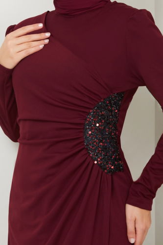 moda selvim Drape Detaylı Elbise ASM2743 Bordo - Thumbnail