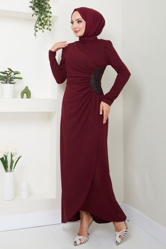 moda selvim Drape Detaylı Elbise ASM2743 Bordo - Thumbnail