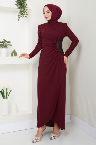 A.S.M. - Drape Detaylı Elbise ASM2743 Bordo