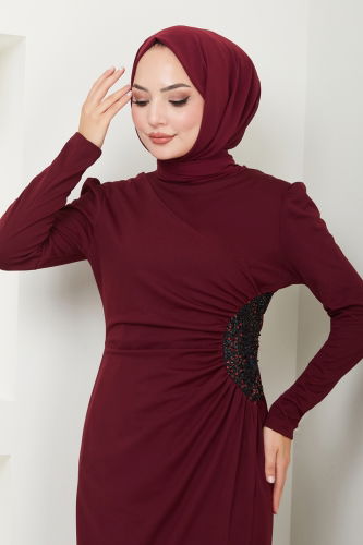 moda selvim Drape Detaylı Elbise ASM2743 Bordo - Thumbnail