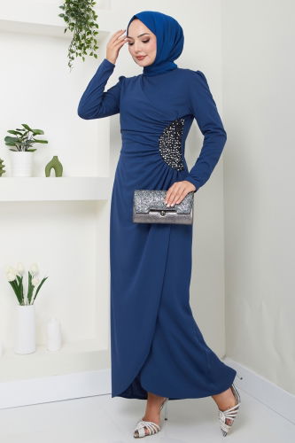 moda selvim Drape Detaylı Elbise ASM2743 İndigo - Thumbnail