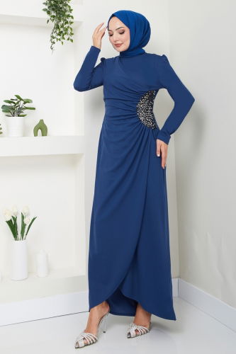 moda selvim Drape Detaylı Elbise ASM2743 İndigo - Thumbnail