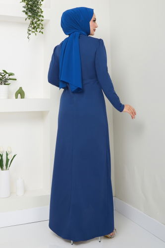 moda selvim Drape Detaylı Elbise ASM2743 İndigo - Thumbnail