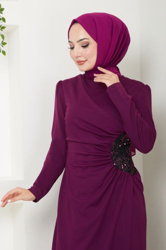 moda selvim Drape Detaylı Elbise ASM2743 Mürdüm - Thumbnail