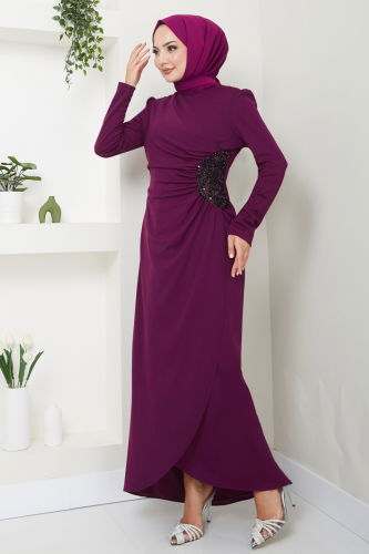 moda selvim Drape Detaylı Elbise ASM2743 Mürdüm - Thumbnail