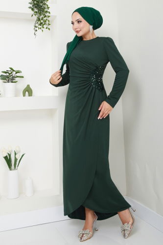 moda selvim Drape Detaylı Elbise ASM2743 Zümrüt - Thumbnail