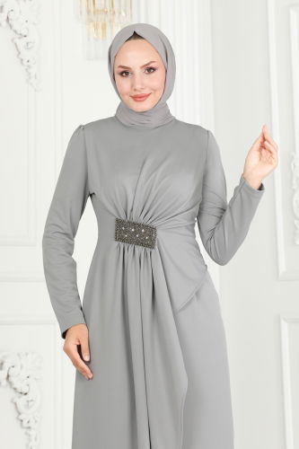 moda selvim Drape Detaylı Kalem Abiye 2520SL432 Gri - Thumbnail