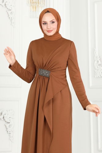 moda selvim Drape Detaylı Kalem Abiye 2520SL432 Taba - Thumbnail