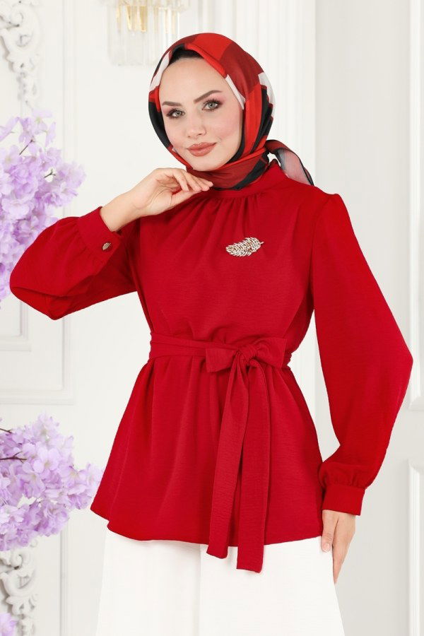 Drape Detaylı Kemerli Aerobin Takım 7308NZR779 Kırmızı&Ekru - 3