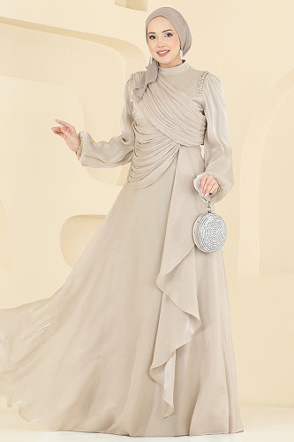 moda selvim Drape Detaylı Organze Abiye 6379LPN858 Krem - Thumbnail