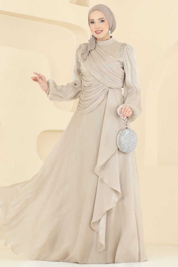 Modaselvim ABİYE Drape Detaylı Organze Abiye 6379LPN858 Krem