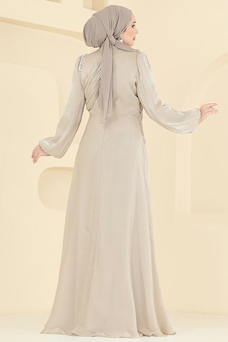 moda selvim Drape Detaylı Organze Abiye 6379LPN858 Krem - Thumbnail