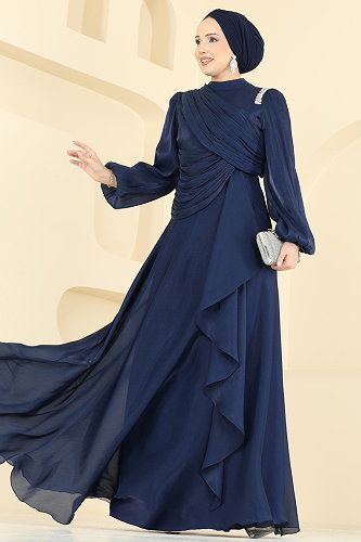 moda selvim Drape Detaylı Organze Abiye 6379LPN858 Laci - Thumbnail