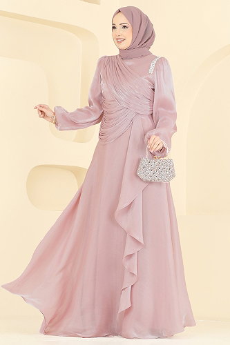 moda selvim Drape Detaylı Organze Abiye 6379LPN858 Pudra - Thumbnail