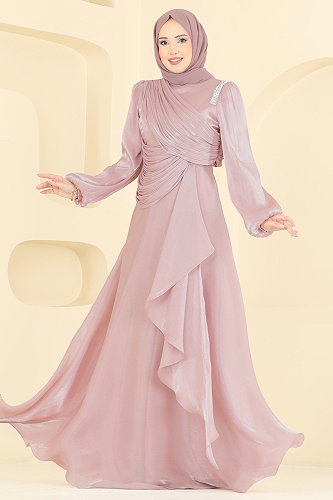 moda selvim Drape Detaylı Organze Abiye 6379LPN858 Pudra - Thumbnail