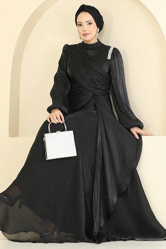 moda selvim Drape Detaylı Organze Abiye 6379LPN858 Siyah - Thumbnail