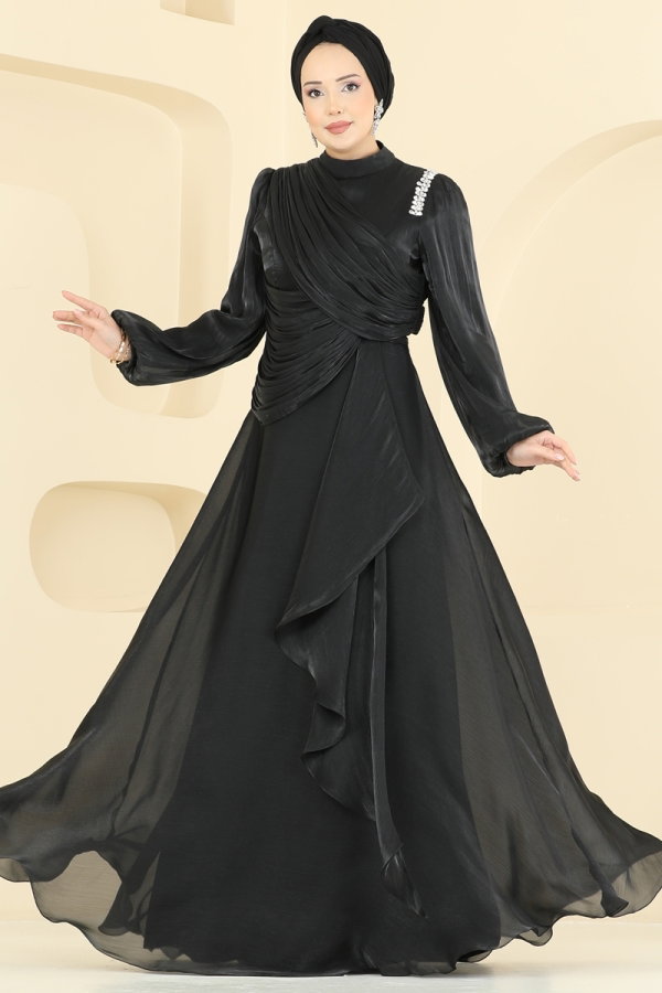 Modaselvim ABİYE Drape Detaylı Organze Abiye 6379LPN858 Siyah