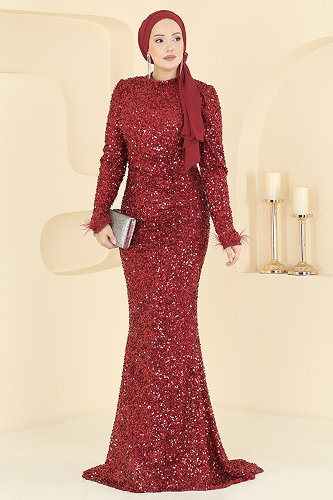 moda selvim Drape Detaylı Payet Abiye 5762EDF311 Bordo - Thumbnail