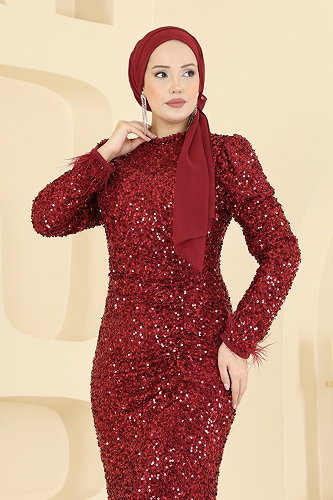 moda selvim Drape Detaylı Payet Abiye 5762EDF311 Bordo - Thumbnail