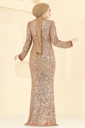 moda selvim Drape Detaylı Payet Abiye 5762EDF311 Gold - Thumbnail